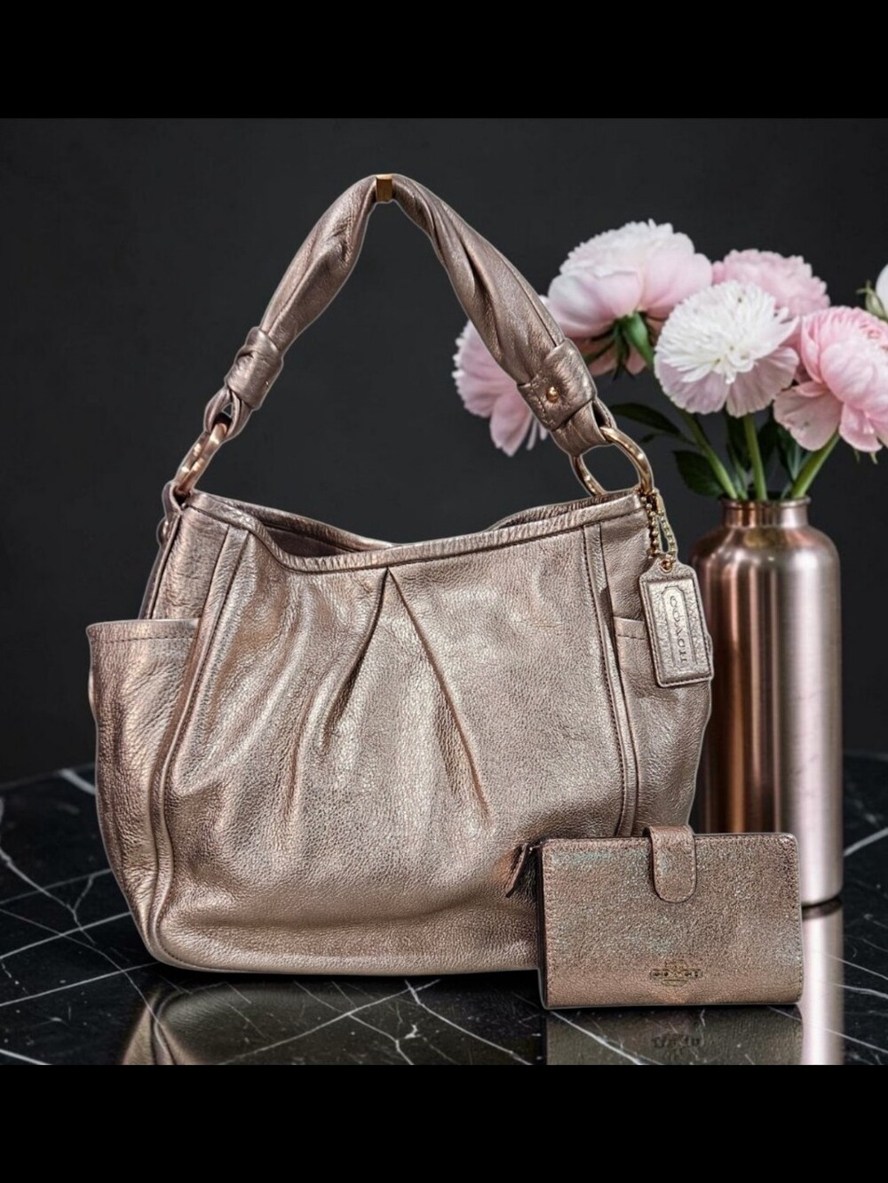 Coach Park 2008 Metallic Rose Gold Leather Shoulder Hobo w/Wallet